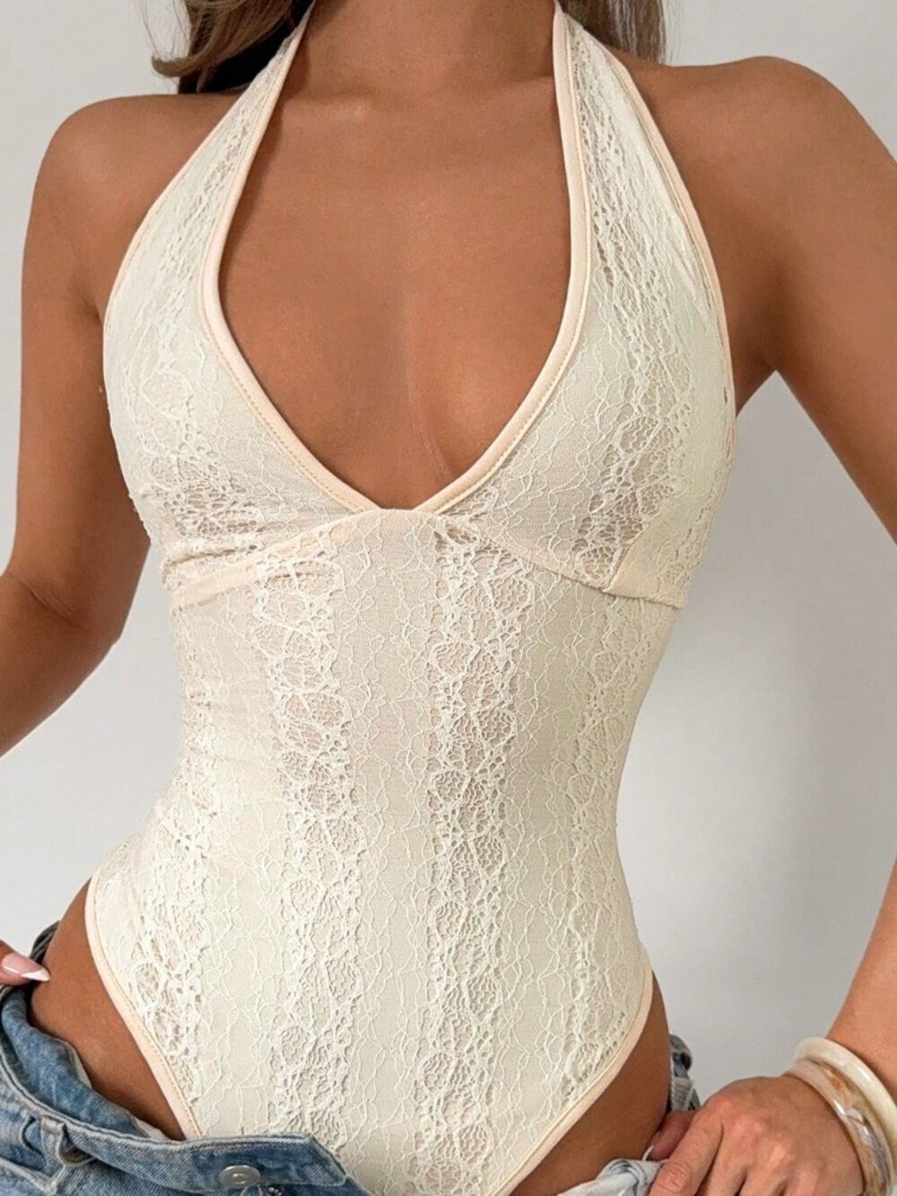 Apricot Sexy Women's Fitted Halter V-Neck Lace Bodysuit